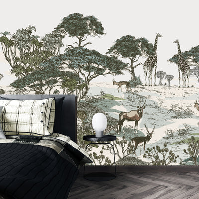 Safari Panaroma Wallpaper, Seamless Wildlife Mural, Oversized Custom Size Wall Art, Non-Woven, Non-Adhesive, Modern Wall Paper, Removable