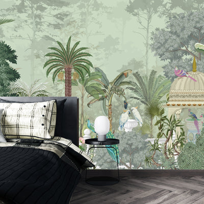Mughal Garden Wallpaper, Birds Mural, Oversized Custom Size Wall Art, Non-Woven, Non-Adhesive, Modern Wall Paper, Removable