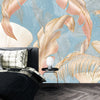 Golden Palms Wallpaper, Blue Background Mural, Oversized Custom Size Wall Art, Non-Woven, Non-Adhesive, Modern Wall Paper, Removable