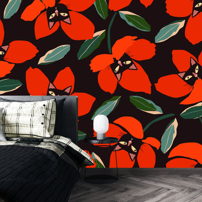 Red Floral, Kittens Wallpaper, Seamless Pattern Mural, Oversized Custom Size Wall Art, Non-Woven, Non-Adhesive, Modern Wall Paper, Removable