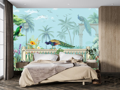 Mughal Garden Wallpaper, Peacock and Arch Mural, Oversized Custom Size Wall Art, Non-Woven, Non-Adhesive, Modern Wall Paper, Removable