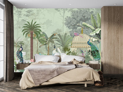 Mughal Garden Wallpaper, Birds Mural, Oversized Custom Size Wall Art, Non-Woven, Non-Adhesive, Modern Wall Paper, Removable