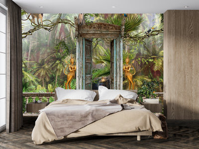 Jungle Landscape Wallpaper, Animals Mural, Oversized Custom Size Wall Art, Non-Woven, Non-Adhesive, Modern Wall Paper, Removable