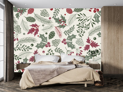 Leaves and Berries Wallpaper, Seamless Pattern Mural, Oversized Custom Size Wall Art, Non-Woven, Non-Adhesive, Modern Wall Paper, Removable