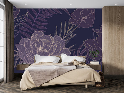 Purple Flowers Wallpaper, Big Leaves Mural, Oversized Custom Size Wall Art, Non-Woven, Non-Adhesive, Modern Wall Paper, Removable
