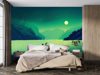 Shiny Moon Wallpaper, Birds Mural, Oversized Custom Size Wall Art, Non-Woven, Non-Adhesive, Modern Wall Paper, Removable