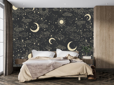 Celestial Pattern Wallpaper, Black Background Mural, Oversized Custom Size Wall Art, Non-Woven, Non-Adhesive, Modern Wall Paper, Removable