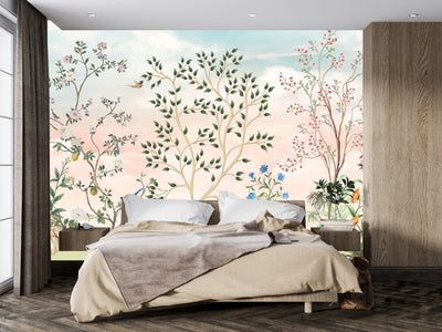 Chinoiserie Wallpaper, Floral Trees Mural, Oversized Custom Size Wall Art, Non-Woven, Non-Adhesive, Modern Wall Paper, Removable