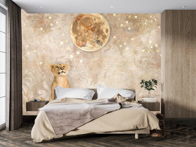 Cute Lion Baby Wallpaper, Gold Moon Mural, Oversized Custom Size Wall Art, Non-Woven, Non-Adhesive, Modern Wall Paper, Removable