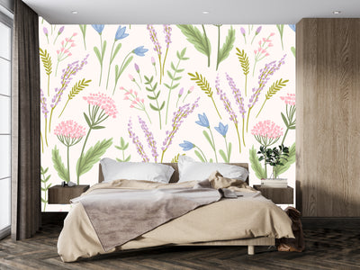 Floral, White Background Wallpaper, Seamless Pattern Mural, Oversized Custom Size Wall Art, Non-Woven, Non-Adhesive, Modern Wall Paper, Removable
