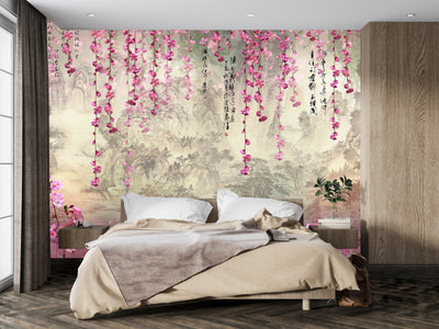 Pink Sakura Flowers Wallpaper, Chinoiserie Mural, Oversized Custom Size Wall Art, Non-Woven, Non-Adhesive, Modern Wall Paper, Removable