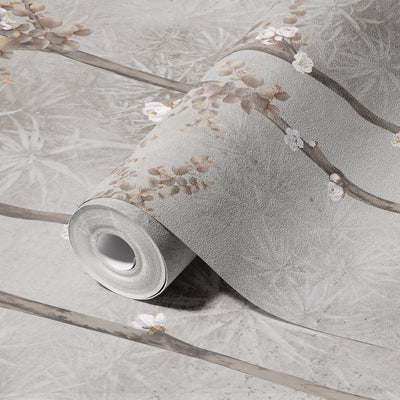 Bloom Flowers Wall Mural, Light Gray Floral Blossom Wallpaper, Oversized Nature Art Customized Wall Covering, Non-Woven, Non-Adhesive, Removable - Walloro High End Wallcoverings & More
