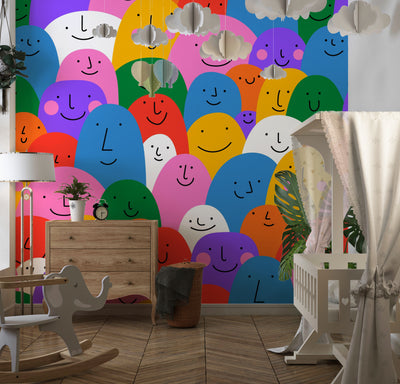 Colorful Cartoon People Wallpaper, Seamless Pattern Mural, Oversized Custom Size Wall Art, Non-Woven, Non-Adhesive, Modern Wall Paper, Removable