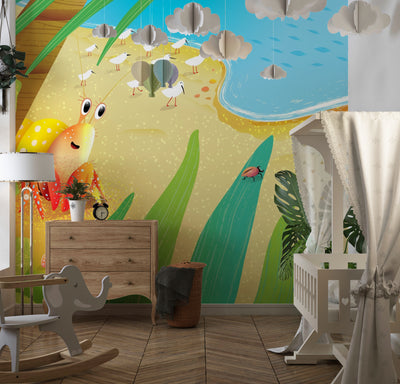 Cute Crab Wallpaper, Tropical Beach Mural, Oversized Custom Size Wall Art, Non-Woven, Non-Adhesive, Modern Wall Paper, Removable