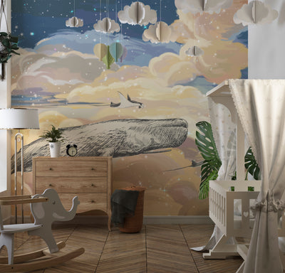 Whale in the Sky Wallpaper, Starry Night Mural, Oversized Custom Size Wall Art, Non-Woven, Non-Adhesive, Modern Wall Paper, Removable
