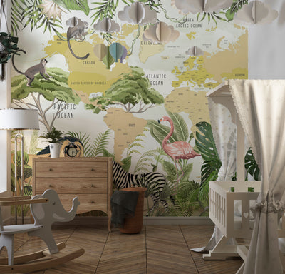 Safari Animals Wallpaper, Kids World Map Mural, Oversized Custom Size Wall Art, Non-Woven, Non-Adhesive, Modern Wall Paper, Removable