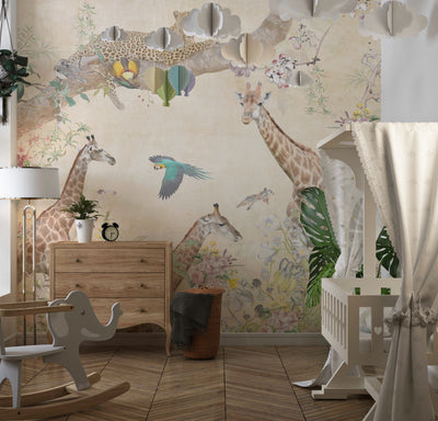 Tropical Trees Wallpaper, Safari Animals Mural, Oversized Custom Size Wall Art, Non-Woven, Non-Adhesive, Modern Wall Paper, Removable
