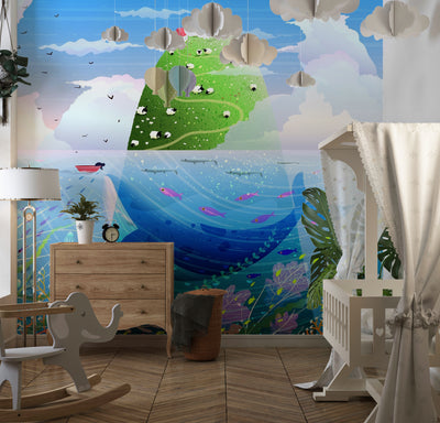 Island in the Ocean Wallpaper, Green Hill Mural, Oversized Custom Size Wall Art, Non-Woven, Non-Adhesive, Modern Wall Paper, Removable