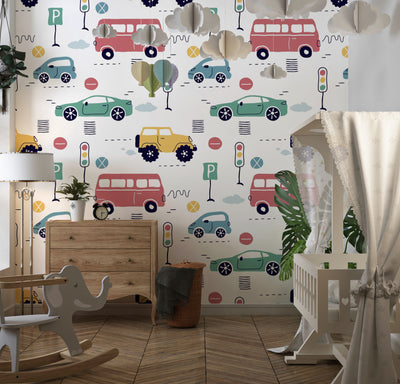 Kids Colorful Cars Wallpaper, Seamless Pattern Mural, Oversized Custom Size Wall Art, Non-Woven, Non-Adhesive, Modern Wall Paper, Removable