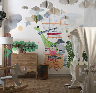 Cute Animals Wallpaper, Travelling by Balloon Mural, Oversized Custom Size Wall Art, Non-Woven, Non-Adhesive, Modern Wall Paper, Removable