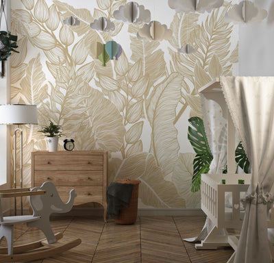 Horizontal Golden Leaves Wallpaper, Seamless Pattern Mural, Oversized Custom Size Wall Art, Non-Woven, Non-Adhesive, Modern Wall Paper, Removable