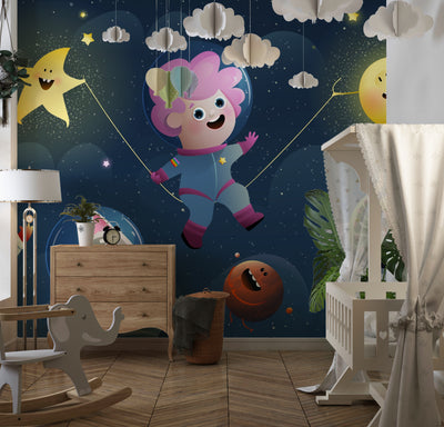 Kids Space Travel Wallpaper, Alien and Pets Mural, Oversized Custom Size Wall Art, Non-Woven, Non-Adhesive, Modern Wall Paper, Removable
