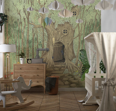 Tree House Wallpaper, Cozy Painted Style Mural, Oversized Custom Size Wall Art, Non-Woven, Non-Adhesive, Modern Wall Paper, Removable