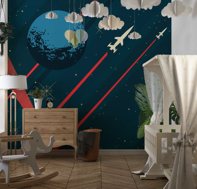 Space Wallpaper, Retro Future Style Mural, Oversized Custom Size Wall Art, Non-Woven, Non-Adhesive, Modern Wall Paper, Removable