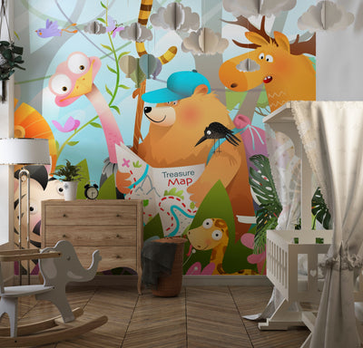 Kids Adventure Wallpaper, Jungle Animals Mural, Oversized Custom Size Wall Art, Non-Woven, Non-Adhesive, Modern Wall Paper, Removable