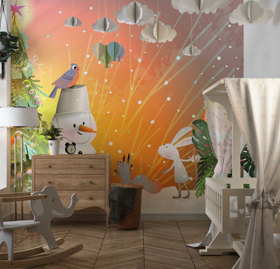 Christmas Tree, Snowman Wallpaper, Children, Animals Mural, Oversized Custom Size Wall Art, Non-Woven, Non-Adhesive, Modern Wall Paper, Removable