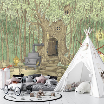 Tree House Wallpaper, Cozy Painted Style Mural, Oversized Custom Size Wall Art, Non-Woven, Non-Adhesive, Modern Wall Paper, Removable