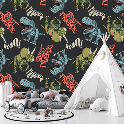 Cartoon Dinosaurs Wallpaper, Seamless Pattern Mural, Oversized Custom Size Wall Art, Non-Woven, Non-Adhesive, Modern Wall Paper, Removable