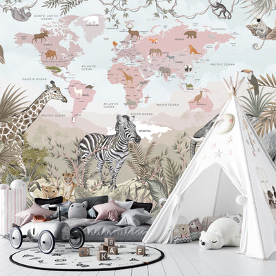 Kids World Map Wallpaper, Safari Animals Mural, Oversized Custom Size Wall Art, Non-Woven, Non-Adhesive, Modern Wall Paper, Removable