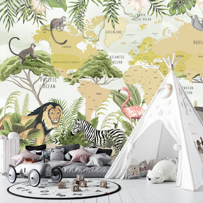 Safari Animals Wallpaper, Kids World Map Mural, Oversized Custom Size Wall Art, Non-Woven, Non-Adhesive, Modern Wall Paper, Removable
