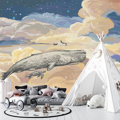 Whale in the Sky Wallpaper, Starry Night Mural, Oversized Custom Size Wall Art, Non-Woven, Non-Adhesive, Modern Wall Paper, Removable