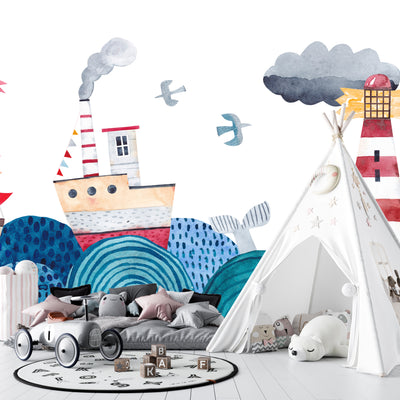 Sea Landscape Wallpaper, Seamless Pattern Mural, Oversized Custom Size Wall Art, Non-Woven, Non-Adhesive, Modern Wall Paper, Removable