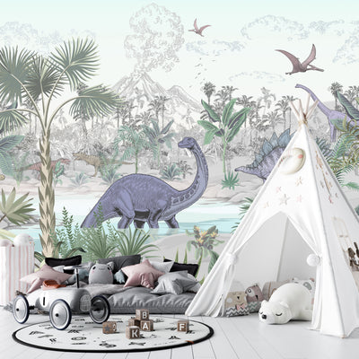 Blue Dino World Wallpaper, Jungle Mural, Oversized Custom Size Wall Art, Non-Woven, Non-Adhesive, Modern Wall Paper, Removable