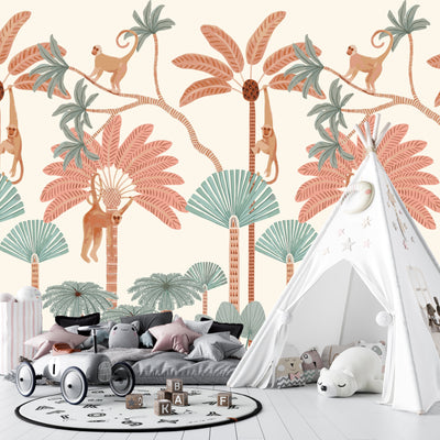 Monkey and Trees Wallpaper, Jungle Mural, Oversized Custom Size Wall Art, Non-Woven, Non-Adhesive, Modern Wall Paper, Removable