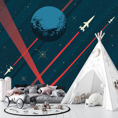 Space Wallpaper, Retro Future Style Mural, Oversized Custom Size Wall Art, Non-Woven, Non-Adhesive, Modern Wall Paper, Removable