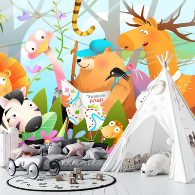 Kids Adventure Wallpaper, Jungle Animals Mural, Oversized Custom Size Wall Art, Non-Woven, Non-Adhesive, Modern Wall Paper, Removable