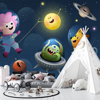 Kids Space Travel Wallpaper, Alien and Pets Mural, Oversized Custom Size Wall Art, Non-Woven, Non-Adhesive, Modern Wall Paper, Removable