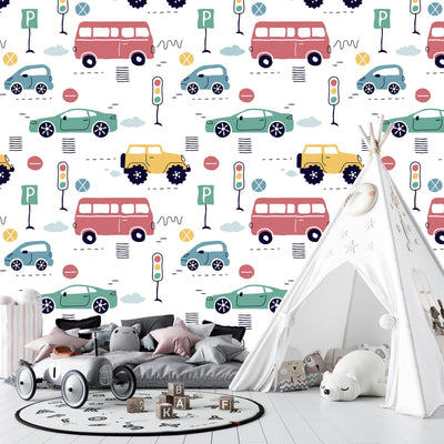 Kids Colorful Cars Wallpaper, Seamless Pattern Mural, Oversized Custom Size Wall Art, Non-Woven, Non-Adhesive, Modern Wall Paper, Removable