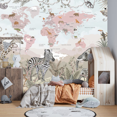 Kids World Map Wallpaper, Safari Animals Mural, Oversized Custom Size Wall Art, Non-Woven, Non-Adhesive, Modern Wall Paper, Removable