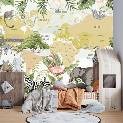 Safari Animals Wallpaper, Kids World Map Mural, Oversized Custom Size Wall Art, Non-Woven, Non-Adhesive, Modern Wall Paper, Removable