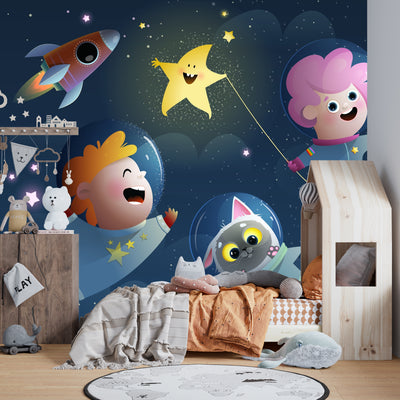 Kids Space Travel Wallpaper, Alien and Pets Mural, Oversized Custom Size Wall Art, Non-Woven, Non-Adhesive, Modern Wall Paper, Removable
