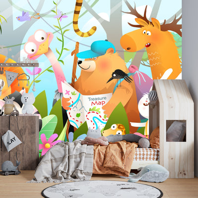 Kids Adventure Wallpaper, Jungle Animals Mural, Oversized Custom Size Wall Art, Non-Woven, Non-Adhesive, Modern Wall Paper, Removable