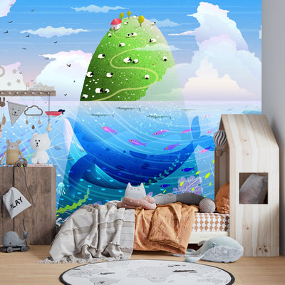 Island in the Ocean Wallpaper, Green Hill Mural, Oversized Custom Size Wall Art, Non-Woven, Non-Adhesive, Modern Wall Paper, Removable