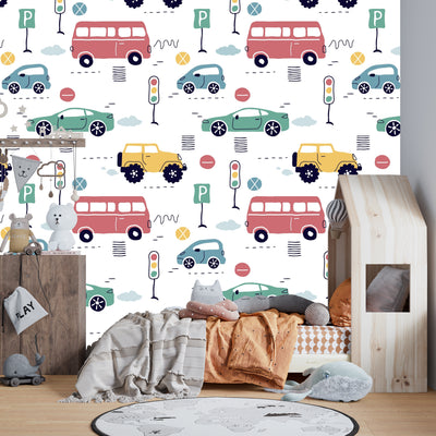 Kids Colorful Cars Wallpaper, Seamless Pattern Mural, Oversized Custom Size Wall Art, Non-Woven, Non-Adhesive, Modern Wall Paper, Removable