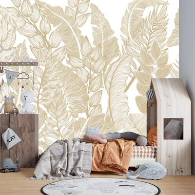 Horizontal Golden Leaves Wallpaper, Seamless Pattern Mural, Oversized Custom Size Wall Art, Non-Woven, Non-Adhesive, Modern Wall Paper, Removable