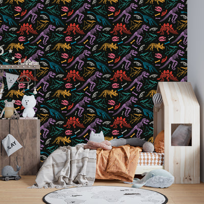 Colorful Dinosaur Skeletons Wallpaper, Seamless Pattern Mural, Oversized Custom Size Wall Art, Non-Woven, Non-Adhesive, Modern Wall Paper, Removable